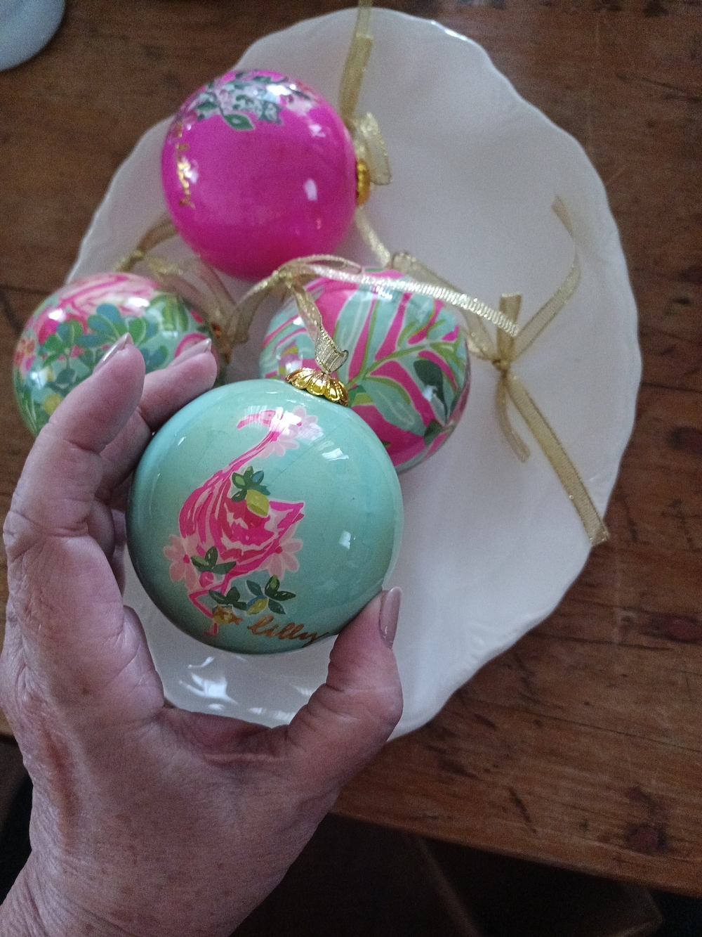 4 Lilly Pulitzer Hand-Painted Decorative Holiday Ornaments - Pink & Green